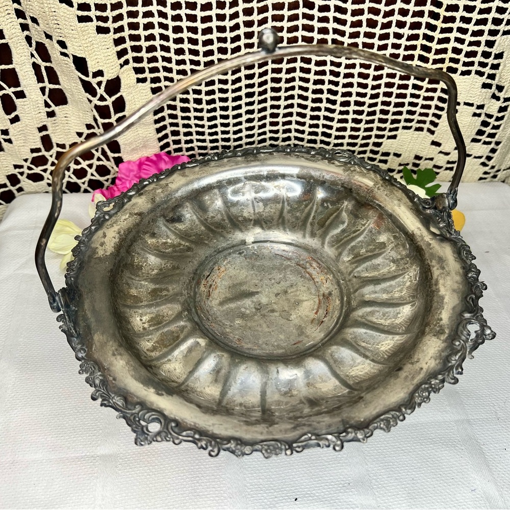 Shabby Chic Distressed Antique Victorian Silver Metal Bridal Basket with Handle